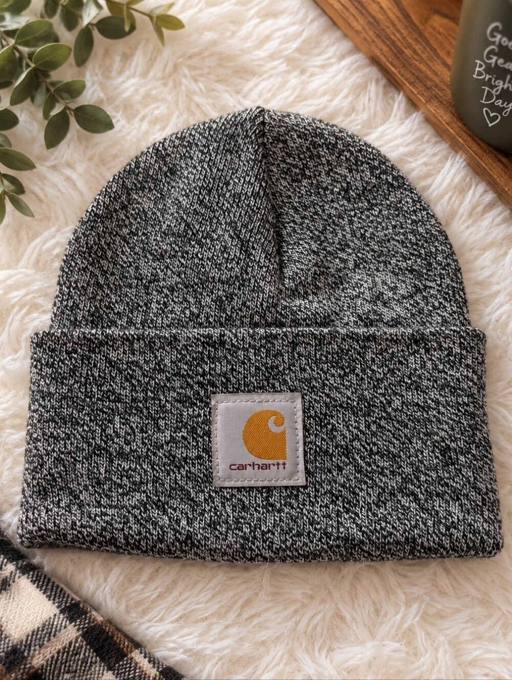 Carhartt Gray Heather Cuffed Beanie with Yellow Logo Patch